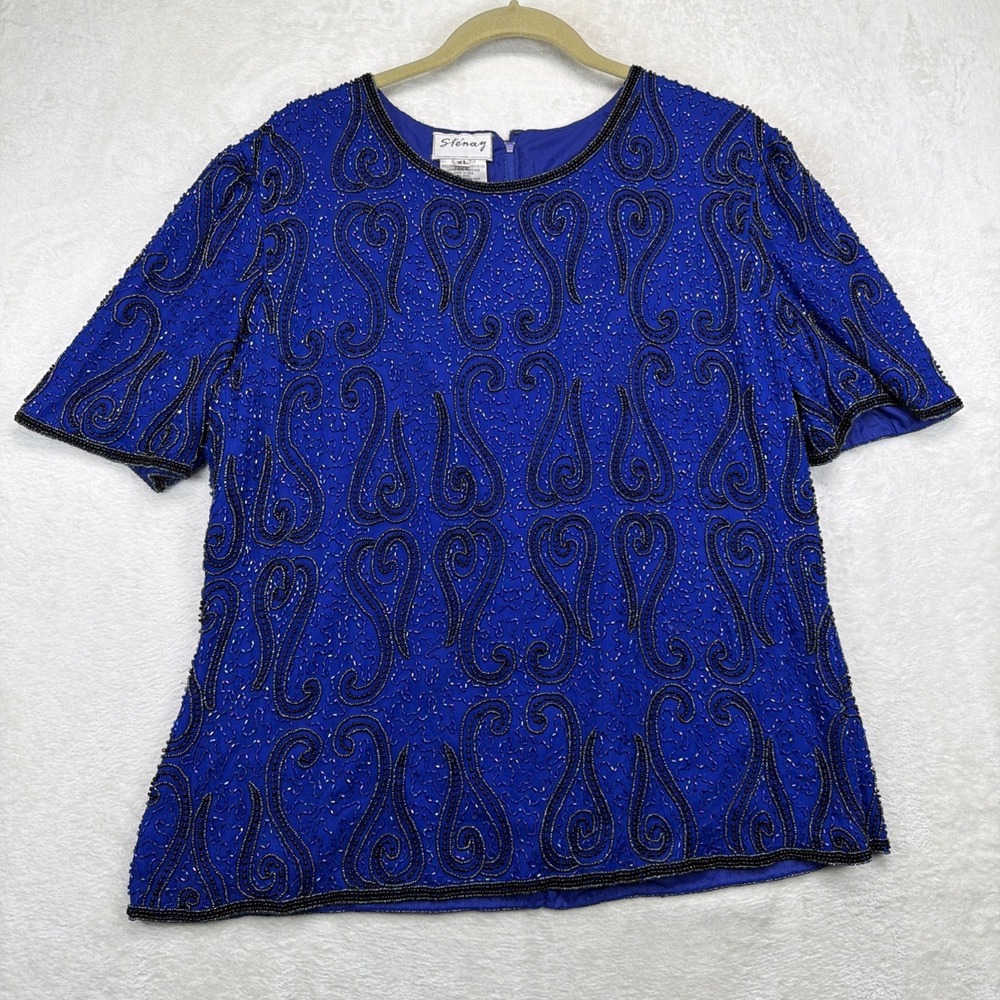 Stenay Silk Beaded Blouse Women's XL Blue Evening Cocktail Party Top